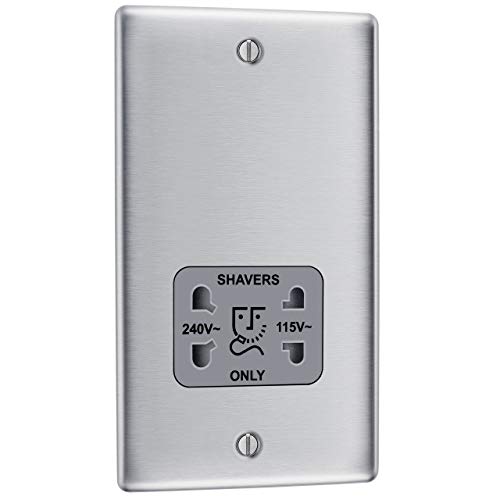 BG Electrical Dual Voltage Shaver Plug Socket Electric Toothbrush Charger Socket Bathroom Raised and Slim Profile Round Edges Nexus Metal 2-Pin Brushed Steel Grey Inserts 115V / 240V NBS20G