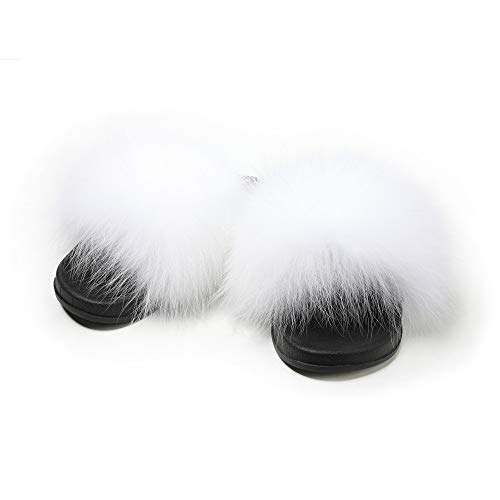 Fur Story Women's Fox Fur Slides Furry Slide for Outdoor Fluffy Sandals Open Toe Fur Slippers (White, 8.5) - Thumbnail 6