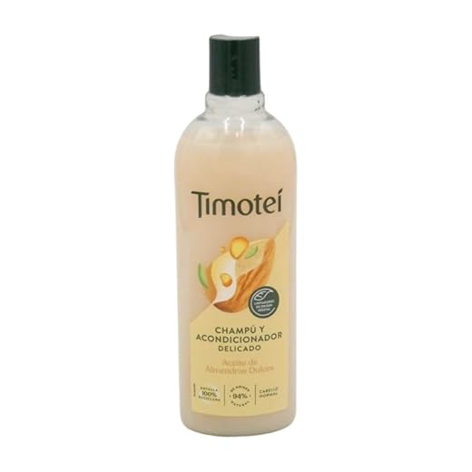 Timotei champú y acondicionador delicado para todo tipo de cabello con aceite de almendras dulces; con limpiadores de origen vegetal, 94% ingredientes de origen natural, 750ml, 1 unidad