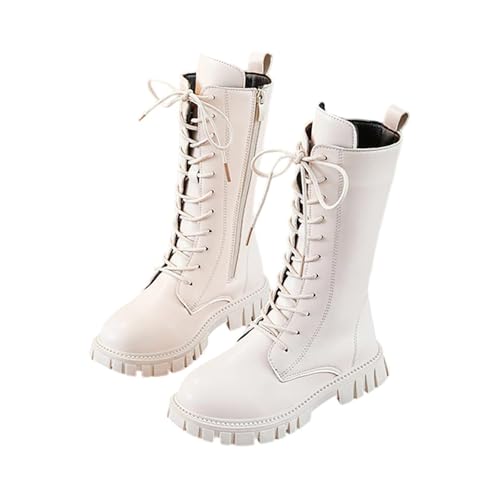 Girls Lace Up Riding Boots Mid Calf Combat, Lace Up Pu Leather Side Zipper Punk Goth White Lug Sole Boots for Girls 4-12 Years (A02-white,37)