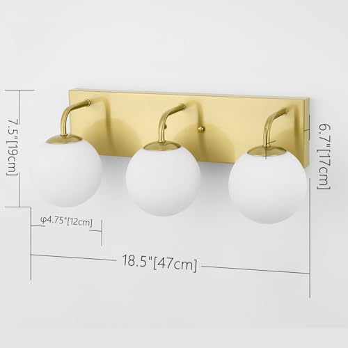 Image of Mid Century Modern Bathroom Light Fixtures, 3-Light Gold Vanity Lights Bathroom Lighting Fixtures Over Mirror, Gold Wall Sconces Wall Lighting with Globe Frosted Milk Glass