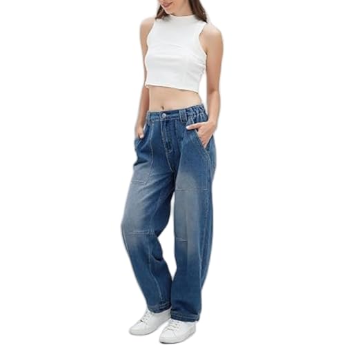 chouyatou Women's Wide Leg Barrel Jeans Button Fly High Waist Relax Fit Baggy Washed Denim Pants with Pockets3