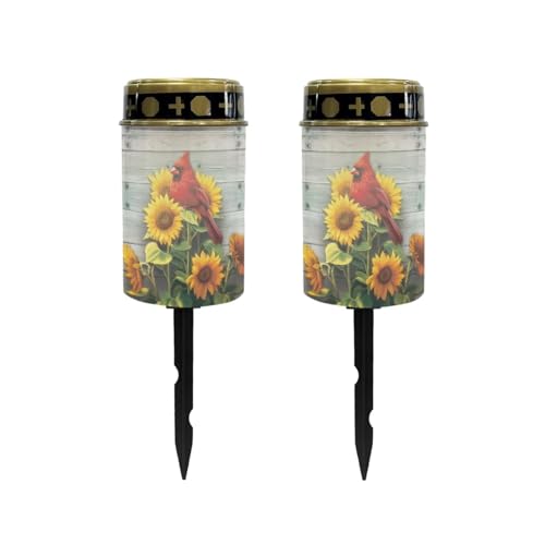 Image of Poceacles Cardinal Sunflower Wood Grain Solar Lights Outdoor Solar Powered Outdoor Cemetery Stake Candle Grave Solar Lamp Landscape Lighting Waterproof Grave Flameless Candle, Pack of 2