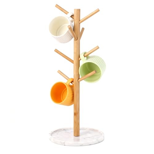 EVERBBKING Bamboo Mug Holder, Sturdy 8 Hooks Coffee Mug Holders Tree, Decorative Mug Racks for Counter, Non-Slip Coffee Mug Cup Tree Robust Mug Organiser