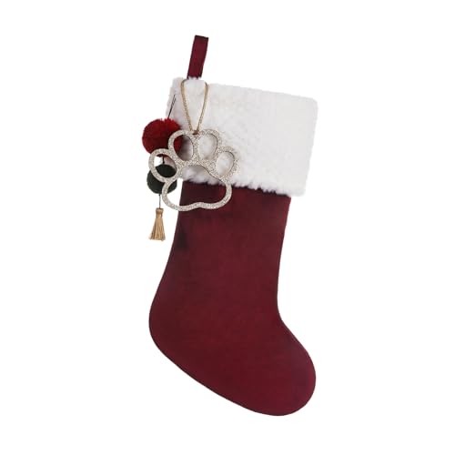 Pxniy Personalized Burgundy Velvet Christmas Stocking, Gold Wooden Initial