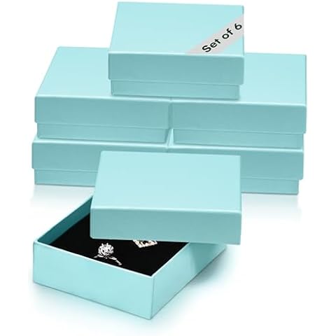 Dawhud Direct Small Jewelry Box - 6-Pack Cardboard Small Gift Boxes with Lids and Black Cushion - Ideal for Earrings, Bracelets, and Necklaces - Jewelry Packaging Boxes - 3.5x3.5x1-Inch (Turquoise) Cover