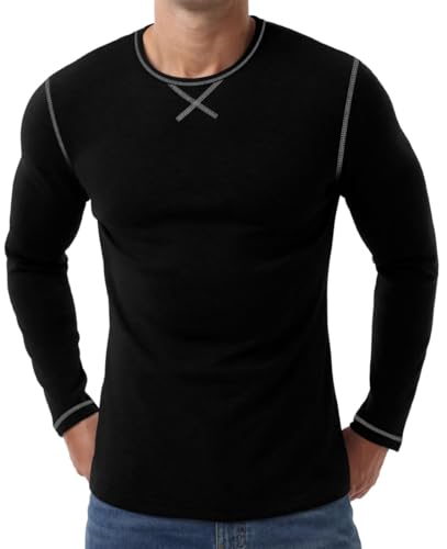 PrinStory Mens Long Sleeve Thermal Tops Fleece Lined Thermal Top Crew Neck Base Layer Winter Warm Underwear Heavyweight T Shirts (Black L)