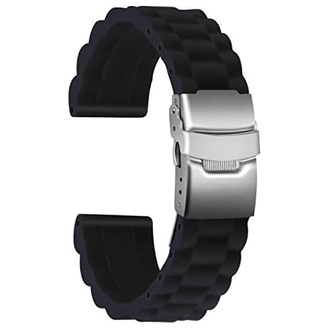 Ullchro Silicone Watch Strap Replacement Rubber Watch Band Waterproof Link Pattern - 16mm, 18mm, 20mm, 22mm, 24mm Watch Bracelet with Stainless Steel Deployment Buckle (22mm, Black) Cover