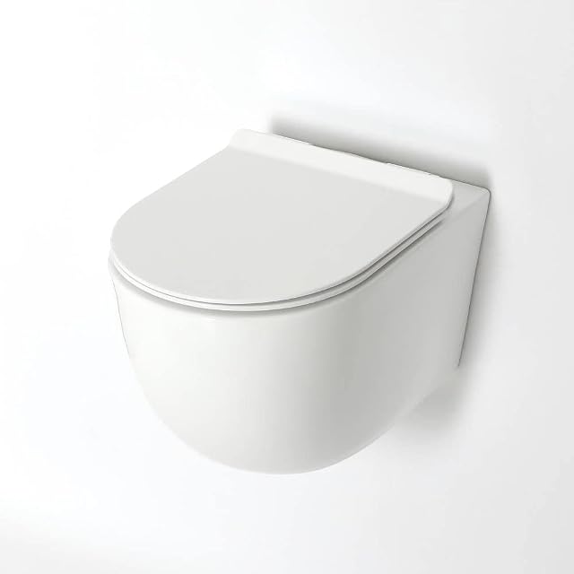 Milano Overton - White Ceramic Modern Bathroom Wall Hung Round Rimless Toilet WC with Soft Close Seat