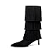 Vertundy Women's Black Fringe Boots Kitten Heel Pointed Toe Mid Calf Boots Tassels Design Fashion Suede Heeled Shoes