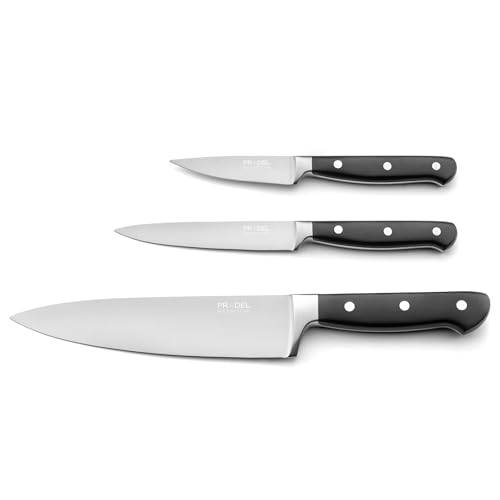 PRADEL ESSENTIEL Blason - Set couteaux de cuisine, 3 pièces, Office, Utile, Chef, Acier inoxydable 13 C - Finition Satinée - Noir