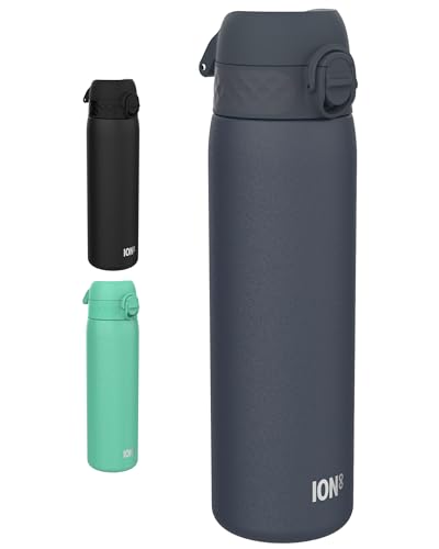 Image of Ion8 Steel Water Bottle, 600 ml /20 oz, Leak Proof, Easy to Open, Secure Lock, Dishwasher Safe, Flip Cover, Fits Cup Holders, Carry Handle, Durable, Scratch Resistant, Carbon Neutral, Navy Blue