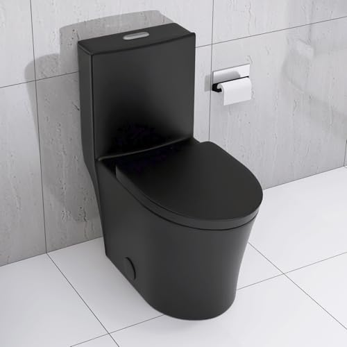 Inodoro alargado de una pieza negro mate con descarga dual ahorro de agua 1.1/1.6 GPF miniatura 1