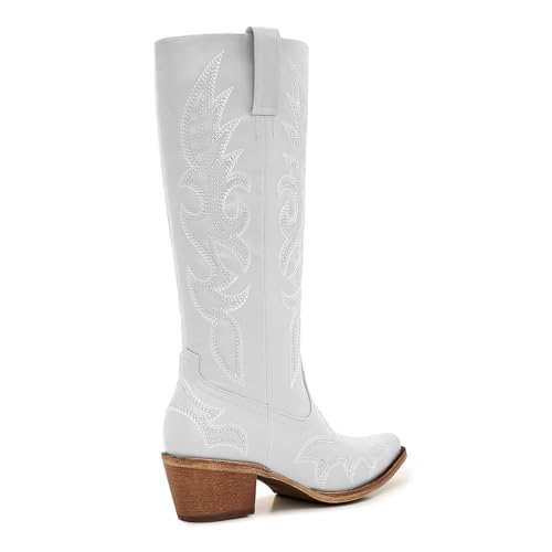Image of Uillnoodu Women's Turquoise Cowgirl Boots - Wide Calf Mid Calf Western Boots Plus Size Embroidered Cowboy Style with Block Heel