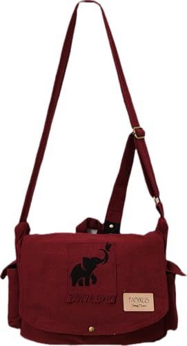 Image of Rough Canvas Cotton Messenger Sling Bag, (32x23x10cm, 7.5L) Medium Size. Patching with Elephant Design