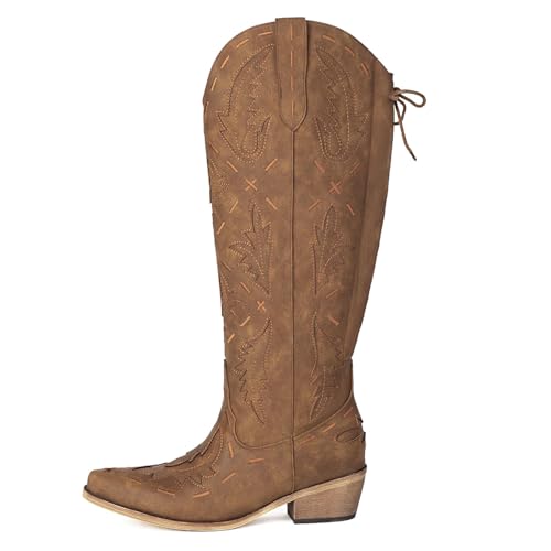 Wide Calf Cowboy Boots Women Knee High Embroidered Western Cowgirl Boot Back Lace Up Chunky Heels Pointed Toe Side Zipper