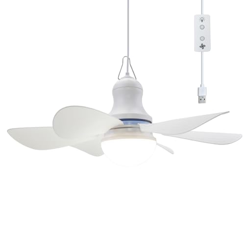ISTRUESDA USB Ceiling Fan with Light Portable Plug in Ceiling Fan Quiet Mini Hanging Fan with Light for Camping RV Tent Canopy Room Porch Bed Indoor Small Area