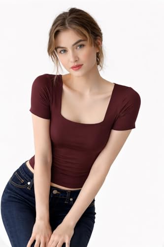 Image of SIGHTBOMB SOFTLINE SQUARE NECK DOUBLE LAYER SHORT SLEEVE MICROFIBER CUDDLE TEE AFFORD LUX EDITION FEATHER TOUCH TOP FOR WOMEN