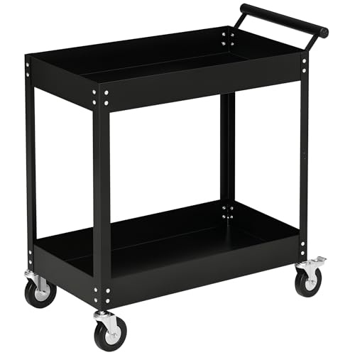 DURHAND Werkstattwagen mit 2 Etagen, Werkzeugwagen leer, Transportwagen, seitlicher Griff, 4 Rollen, Stahl, bis 150 kg Tragkraft, 84,5 x 38 x 84 cm, Schwarz