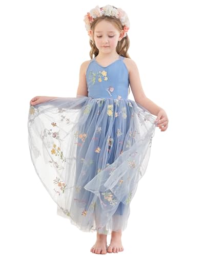 VEYOLOB Flower Girl Dress A-Line Floral Embroidered Tulle Boho Dresses for Wedding Garden Birthday Party 6M-14Y