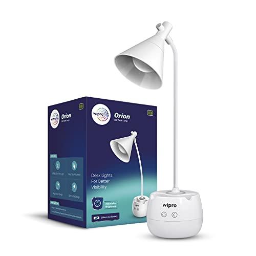 Wipro Orion 6w Rechargeable LED Table Lamp |3 Grade Dimming with Night Light |Adjustable Desk Lamp for Study |Mobile Holder |with Pen Stand | Li-Ion Battery, ABS, White (Pack of 1) Wipro Orion 6w Rechargeable LED Table Lamp |3 Grade Dimming with Night Light |Adjustable Desk Lamp for Study |Mobile Holder |with Pen Stand | Li-Ion Battery, ABS, White (Pack of 1)