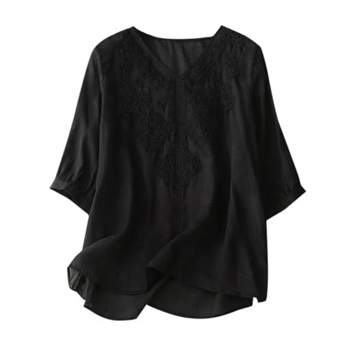 T-shirt brodé col en V pour femme haut à manches courtes doux et respirant