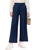 Haloumoning Girls High Waisted Uniform Pants Kids Wide Leg Dress Pants Casual Trousers with Pockets 5-14 Years Navy Blue
