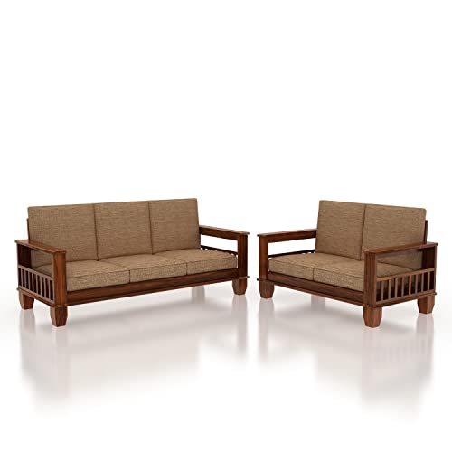 Image of K L FURNITURE Wooden Solid Sheesham Wood 5 Seater Sofa Set With Cushions (5 Seater Sofa | (3+2) Honey Finish, Brown
