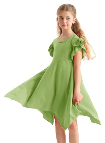 Alakuoti Toddler Girls Dress 2024 Summer Green Double Layer Ruffle Short Sleeve Fashion High Low Swing Dresses for Kids 4t 5t