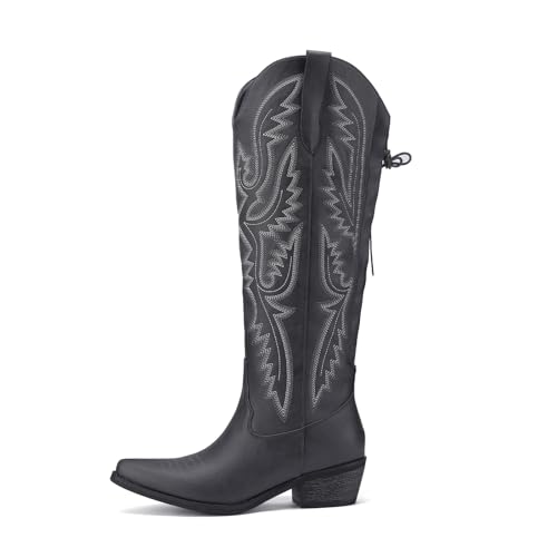 Image of Lace Up Cowboy Boots for Women Embroidered Wide Calf Cowgirl Boots Comfortable Chunky Heel Pointed Toe Trendy Western Shoes for Prom Music Festival