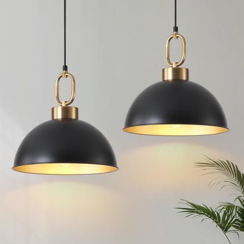 12.2 Inch Modern Pendant Light Fixture, Matte Black Handle Pendant Lights Kitchen Island, Adjustable Height Vintage Industrial Hanging Light for Dining Living Room Bar 2 Pack
