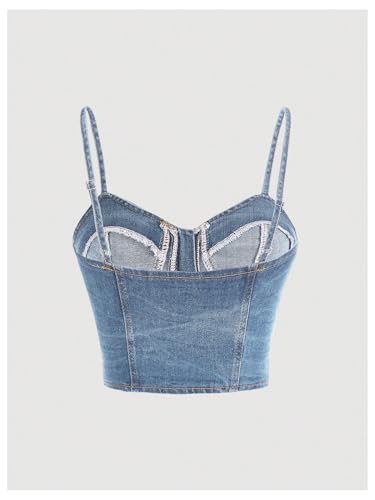 Milumia Women's Denim Bustier Crop Top Zip Front Spaghetti Strap Jean Cami Tank Tops2