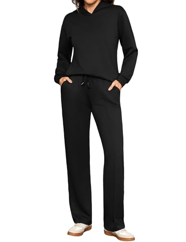 Totatuit Conjunto sport mujer 2 piezas sudadera con capucha pantalón ancho loungewear cálido casual chic Negro，M