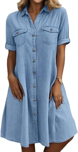 yoeasy Women's Summer Short Sleeve Denim Shirt Dress Casual Button Down Loose Fit Midi Long Jean Dress