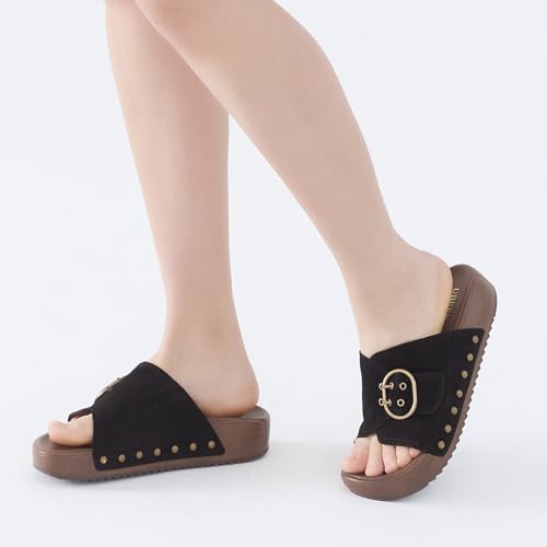 Image of UBFEN Womens Platform Slide Sandals | Real Leather,Buckle Sandals with Cushioned Flatform Footbed,Comfortable for Walking,Arch Support,Casual Styling
