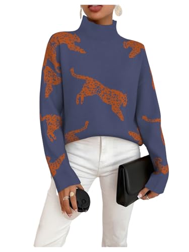 Image of WDIRARA Women's Leopard Tiger Print Sweater High Neck Long Sleeve Fuzzy Knitted Pullover Top