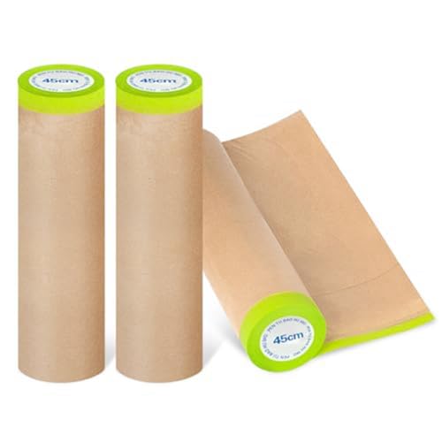 Sunmeit Papel de enmascarar precintado para pintar, papel de enmascarar de pintura de 18 pulgadas x 50 pies, cinta y papel de pintor de cortinas, (3 rollos)