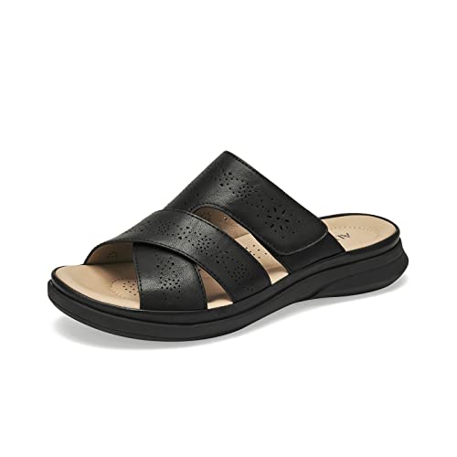 ALLOT Women's Slide Sandals Slip On Open Toe Dressy Summer Flat Sandals Arch Support Adjustable Straps Comfortable Beach Walking Shoes