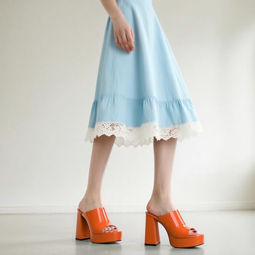 Image of Women Square Open Toe Platform Chunky Heel Slide Sandals | Slip On High Heel Dress Sandals, Elegant Formal Footwear For Wedding Club Evening Party Events