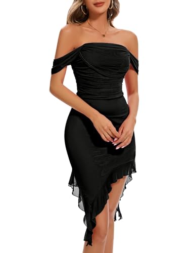 BeryLove Women’s Sexy Off Shoulder Mesh Midi Wedding Guest Dresses Ruched Bodycon Ruffled Cocktail Dress
