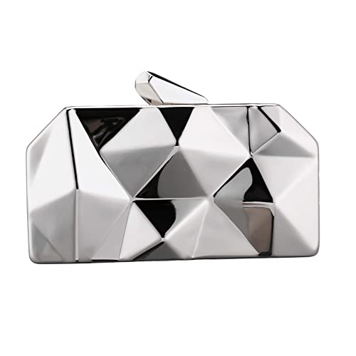 Women Geometric Lattice Pattern Metal Evening Bag Bridal Prom Crossbody Bag Party Clutch Wedding Purse With Chain (Silver) #TOP2