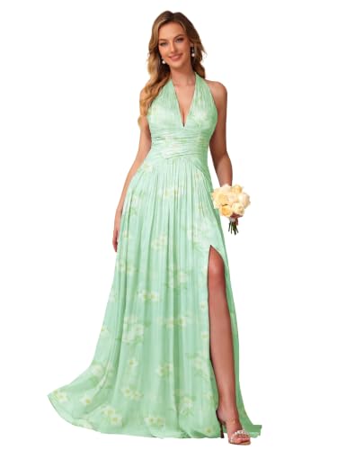 Image of Shimmer Chiffon Bridesmaid Dresses for Women Long | Deep V Neck,Pleated,Knotted,Empire Waist,with Slit,Breathable,Lightweight,Flowy,Formal Evening Dress