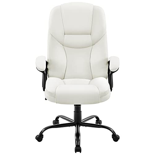 costoffs Faux Leather Executive Office Chair Height Adjustable Desk Chair Big Computer Swivel Chair with Sturdy Metal Base White