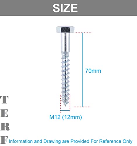 TERF® Lot de 4 vis tire-fond M12 x 70 mm à tête hexagonale M12 (12 mm) x 70 mm pour bois, maçonnerie, brique, béton, fixation murale, antenne parabolique, support TV, clôture, étagères, terrasse – vue 3