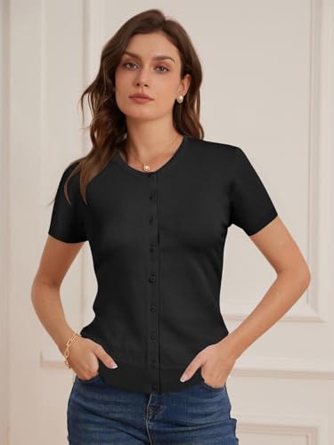 Womens Short Sleeve Cardigan Crew Neck Basic Casual Button Down Knit Soft Sweater3