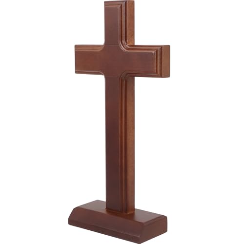 Cruz de madera ELAYARD de 30 cm en color rojo natural con base para escritorio y oficina