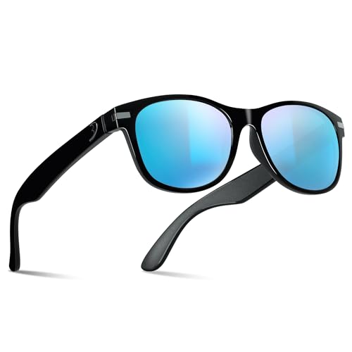 B.N.U.S Scratch-Resistant Polarized Sunglasses with Corning Glass Lenses for Superior Clarity and UV Protection (B8132 Black/Blue Mirrored Polarized, Glass Lens)