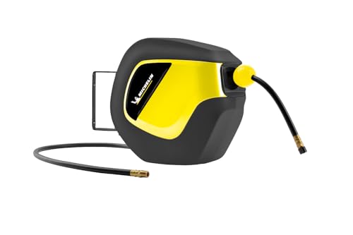 MICHELIN Carrete Automático para Manguera, manguera de PVC de 10 metros con conexión universal, diámetro exterior de 10 mm y diámetro interior de 6,5 mm, Soporte de pared giratorio de 180°