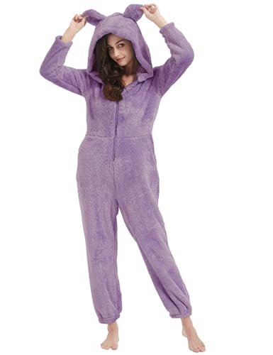 PEHMEA Women's Winter Onesie Pajamas Sherpa Hooded Romper Cozy Sleepwear Adult Onesies Loungewear, Purple, XX-Large