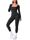 BRXL Long Sleeve Jumpsuit for Women Workout Yoga Square Neck Full Body Suits Shapewear One Piece Bodycon Jumpsuits Black L
